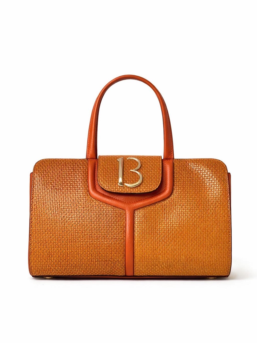 Italian Shoemakers Orange Woven Leather Satchel with Gold '13' Accent